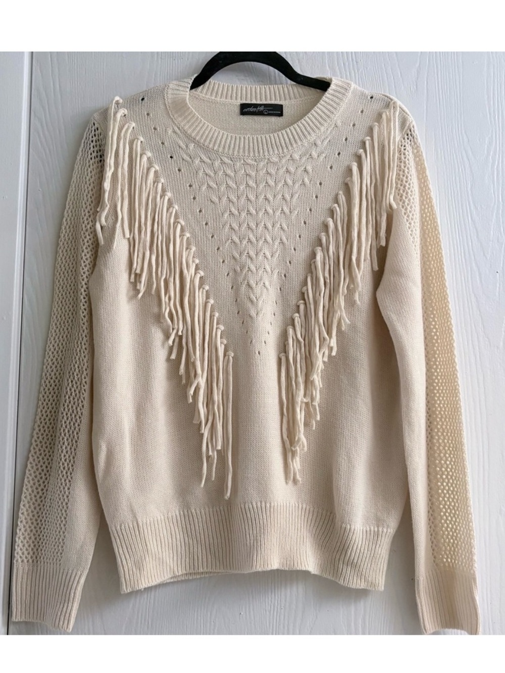 OnTwelfth Boho Chic Fringe Open Knit Top Beige Tan Sz L